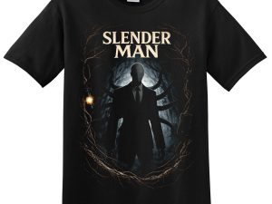 Black slenerman t-shirt featuring Slender Man in the forest design
